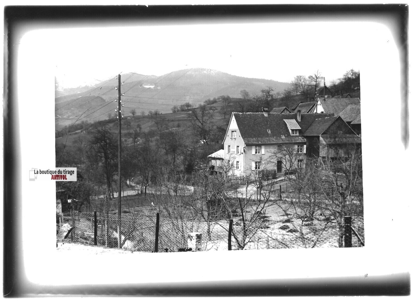 Plaque verre photo ancienne positif noir et blanc 13x18 cm campagne village