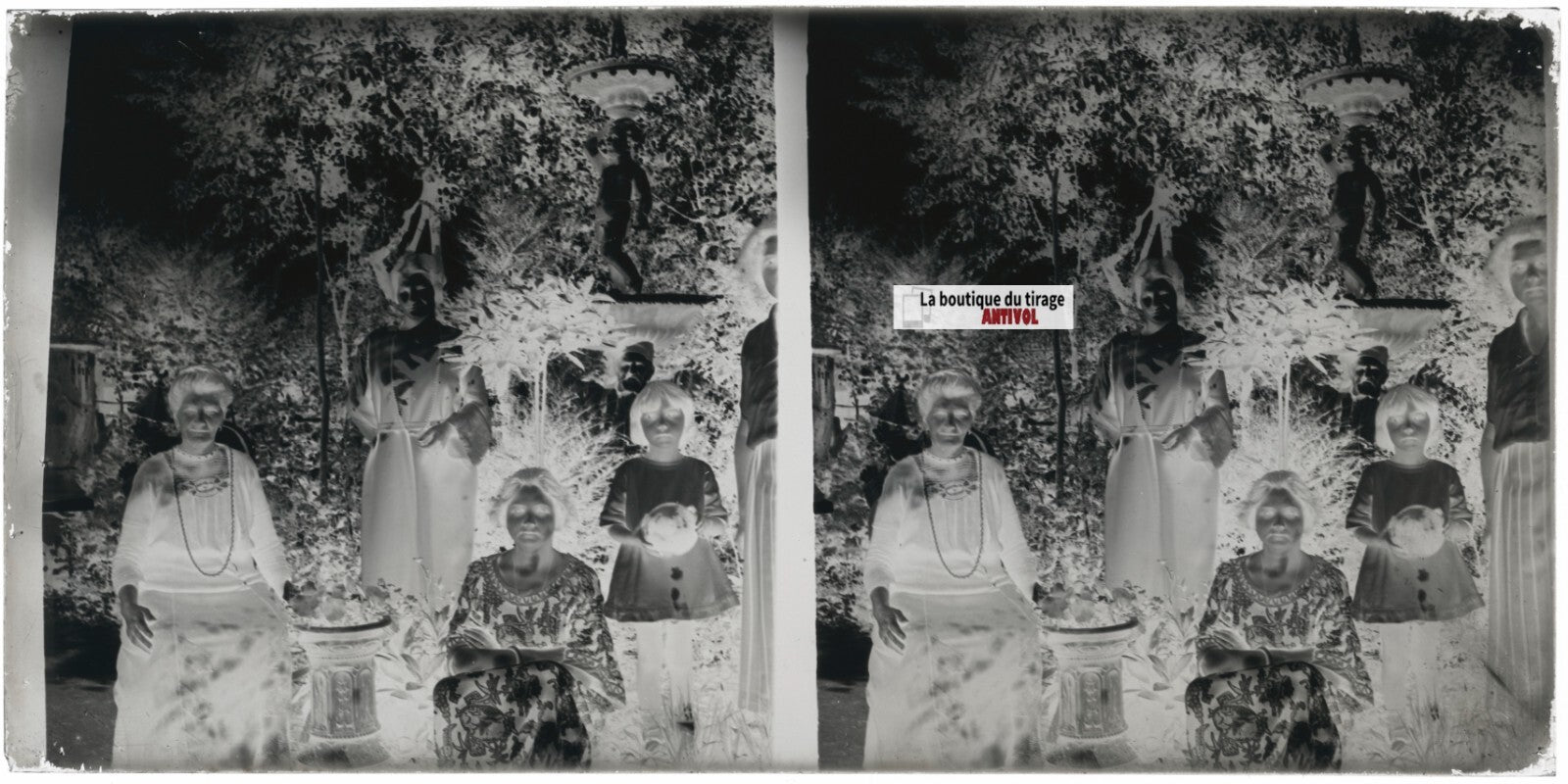 Jardin, femmes, famille, stéréoscopie, photo plaque verre, négatif 9x18 cm