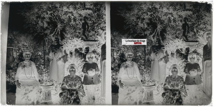 Jardin, femmes, famille, stéréoscopie, photo plaque verre, négatif 9x18 cm