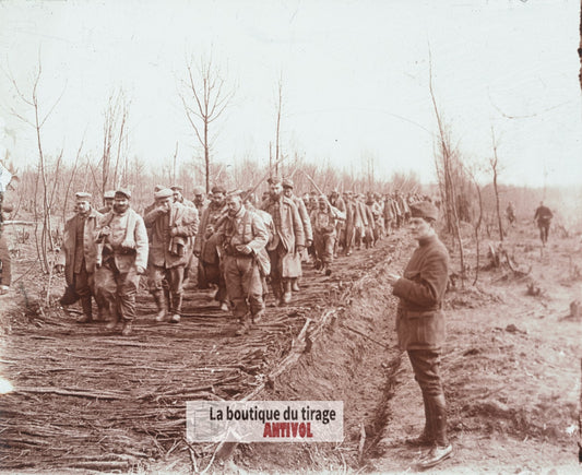 La Forestière, prisonniers, guerre WW1, plaque verre stéréo, photo 4,5x10,7 cm