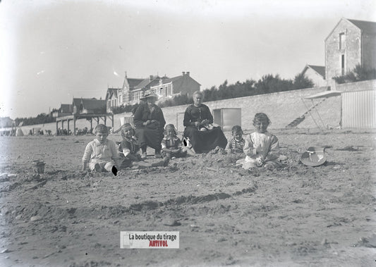 Berck-sur-Mer, plage enfants, plaque verre photo ancienne, négatif 9x12 cm