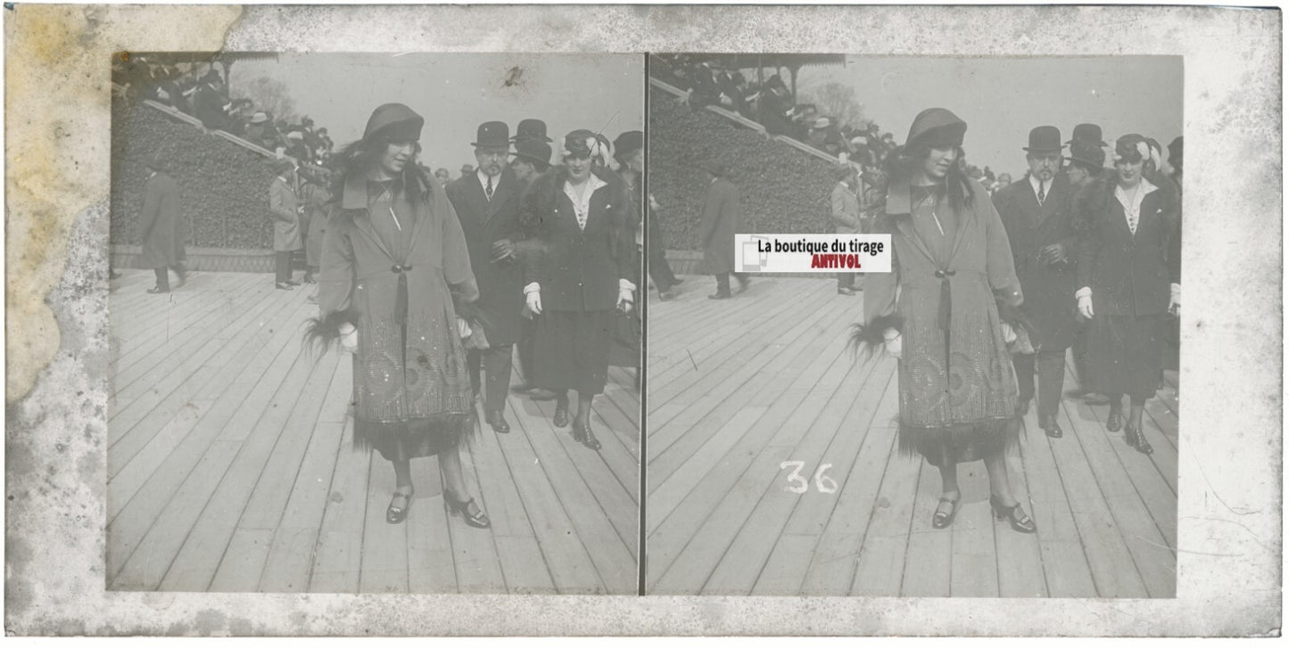 Personnages, Longchamp, Paris, plaque verre stéréoscopique, positif 8,5x17 cm