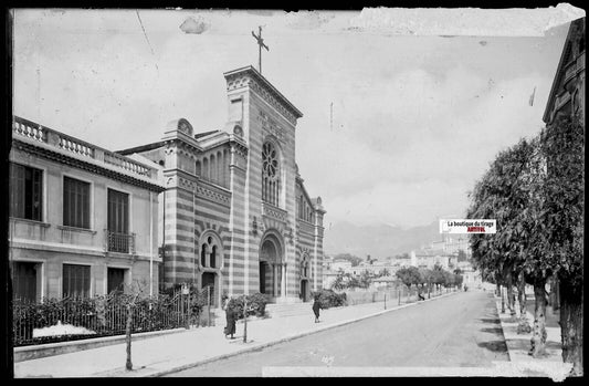 Plaque verre photo, négatif noir & blanc 9x14 cm, Menton église, carte postale