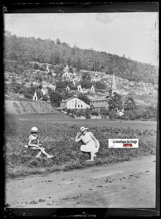 Renaude, Ariège, église, croix, Plaque verre photo, négatif noir & blanc 6x9 cm