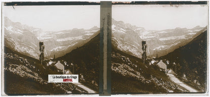 Cirque de Gavarnie, Pyrénées, plaque verre photo stéréo, sépia 6x13 cm