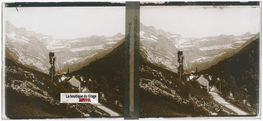 Cirque de Gavarnie, Pyrénées, plaque verre photo stéréo, sépia 6x13 cm