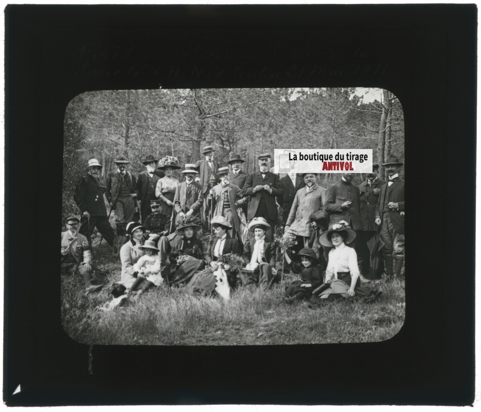 Forêt de Dom, 1911, groupe, photo ancienne plaque de verre, positif 8,5x10 cm