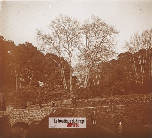 Petit pont de pierre, Algérie, plaque verre photo ancienne stéréo 6x13 cm