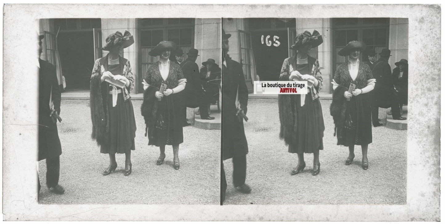 Personnages, Longchamp, Paris, plaque verre stéréoscopique, positif 8,5x17 cm