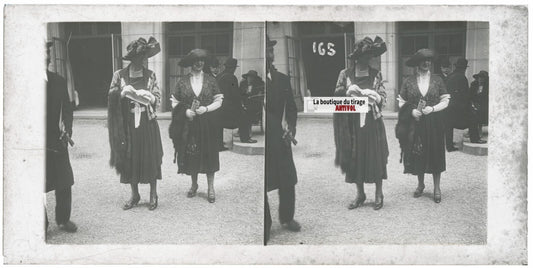 Personnages, Longchamp, Paris, plaque verre stéréoscopique, positif 8,5x17 cm