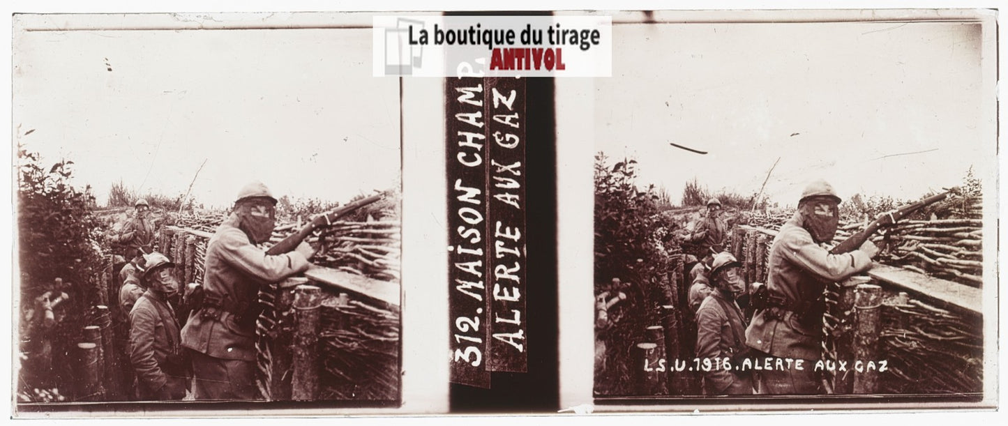 Alerte aux gaz (1916), WW1, plaque verre stéréo, photo ancienne 4,5x10,7 cm