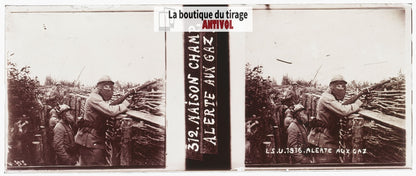 Alerte aux gaz (1916), WW1, plaque verre stéréo, photo ancienne 4,5x10,7 cm