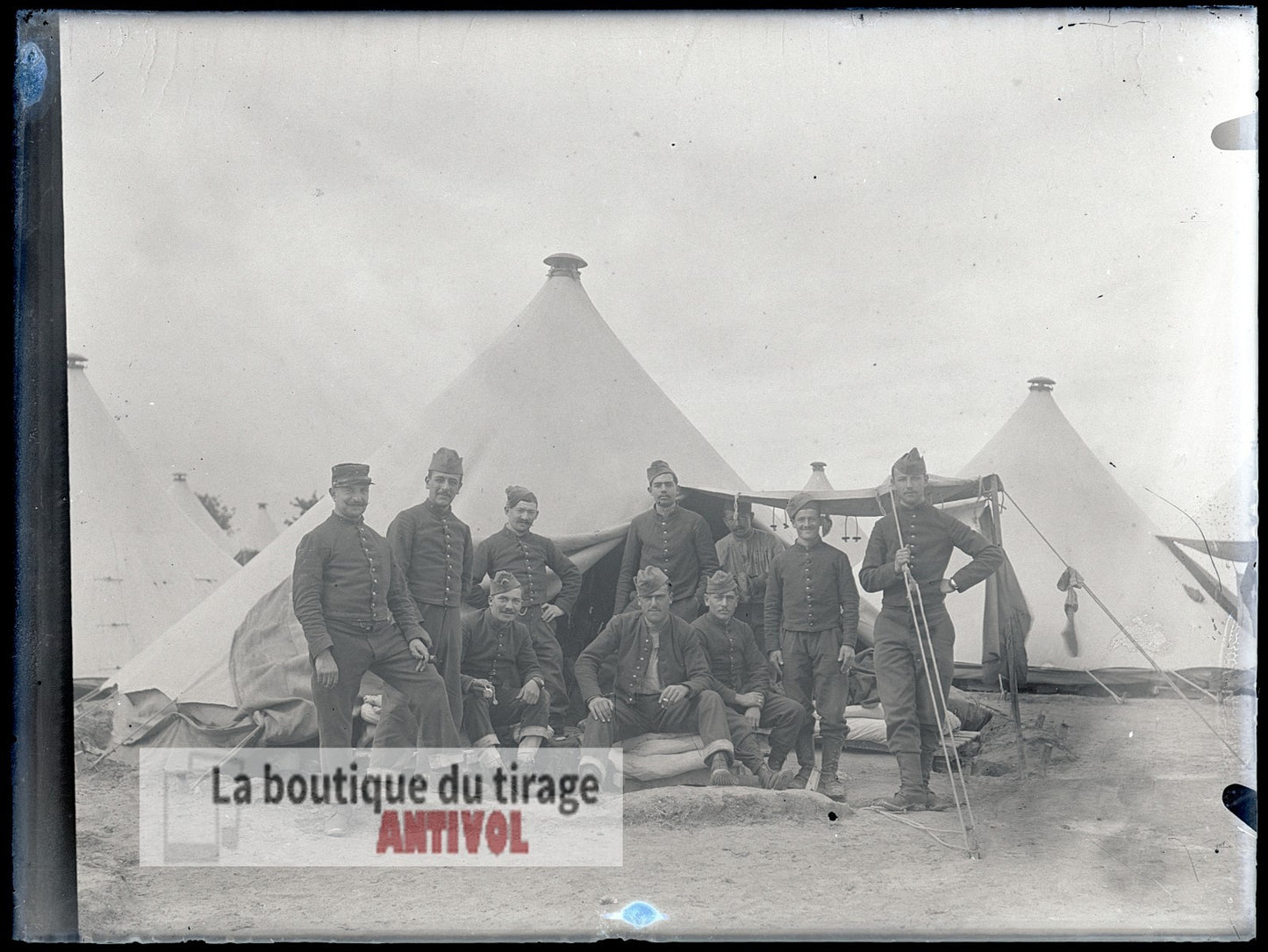 Groupe de soldats, campement, plaque verre, photo ancienne, négatif 9x12 cm