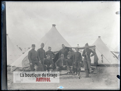 Groupe de soldats, campement, plaque verre, photo ancienne, négatif 9x12 cm