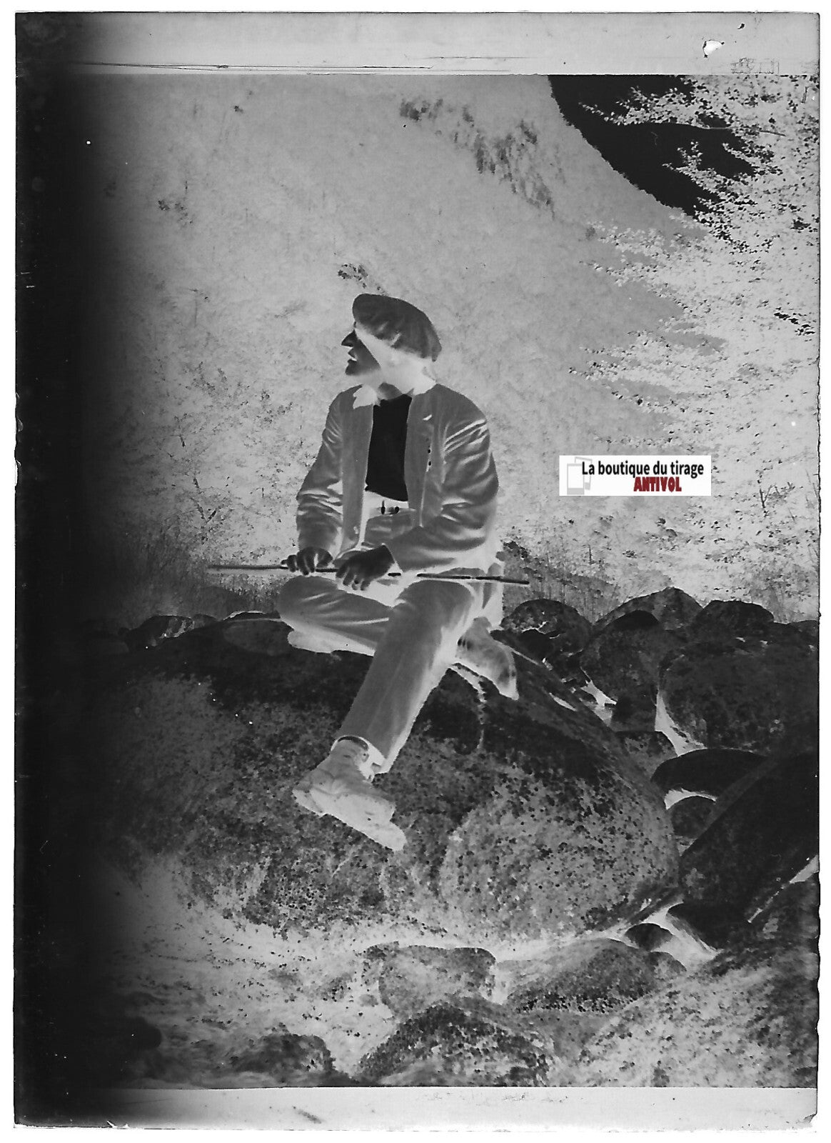 Homme béret, montagne, Plaque verre photo ancienne, négatif noir & blanc 6x9 cm