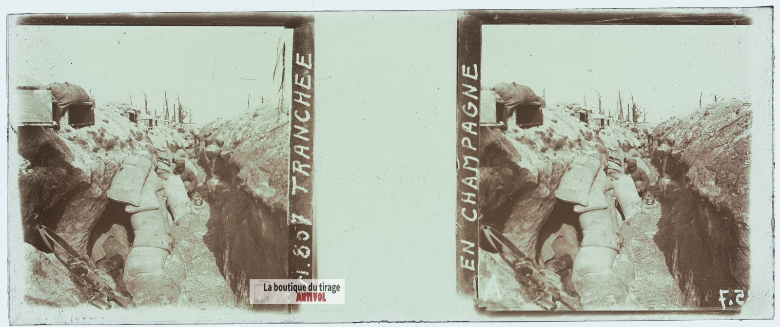 Tranchée en Champagne, guerre WW1, plaque verre stéréo, photo 4,5x10,7 cm