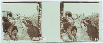 Tranchée en Champagne, guerre WW1, plaque verre stéréo, photo 4,5x10,7 cm
