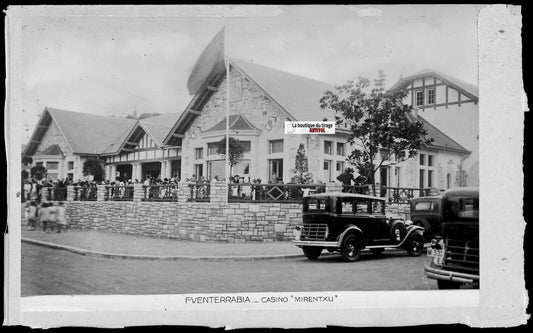 Plaque verre photo négatif noir & blanc 9x14 cm, Fuenterrabia, Casino, voitures