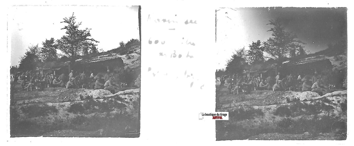 Guerbigny, camp, Plaque verre stéréo, positif ancien noir & blanc 4,5x10,7 cm