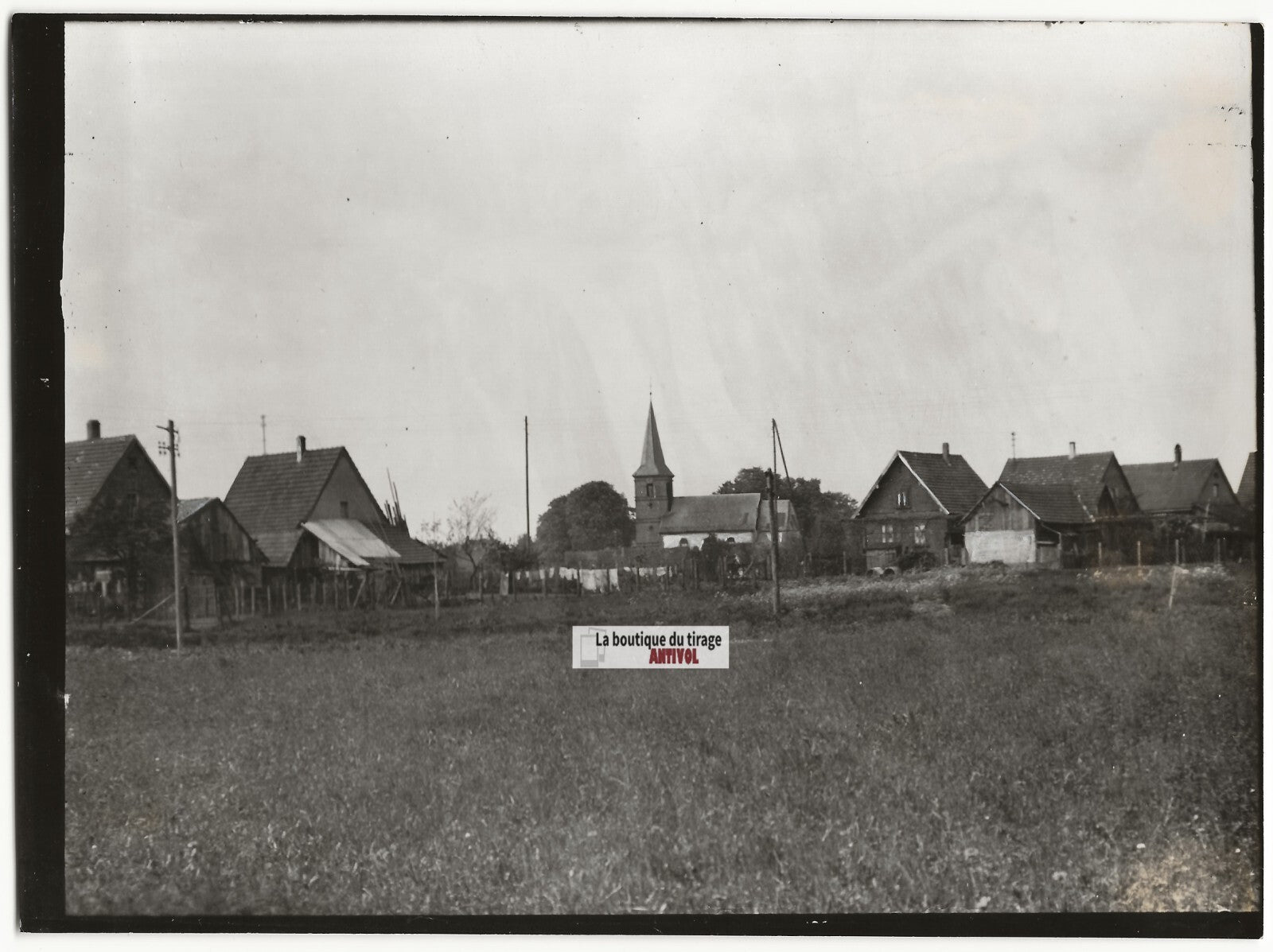 Plaque verre photo ancienne négatif noir et blanc 13x18 cm maison village Alsace