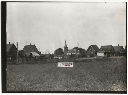 Plaque verre photo ancienne négatif noir et blanc 13x18 cm maison village Alsace