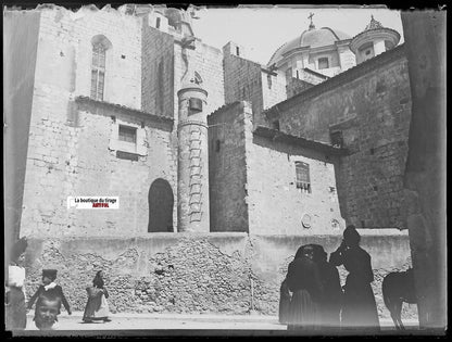 Eglise à situer, Plaque verre photo ancienne, négatif noir & blanc 9x12 cm