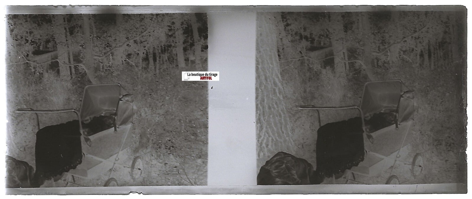 Landau bébé, Plaque verre photo stéréoscopique, négatif noir & blanc 4,5x10,7 cm