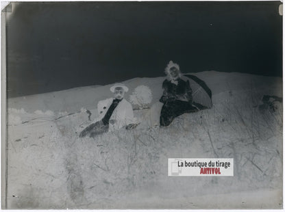 Couple, amour, montagnes, plaque verre photo ancienne, négatif 9x12 cm