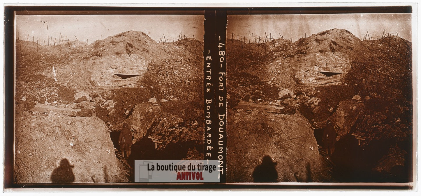 Fort de Douaumont, guerre WW1, plaque verre photo ancienne stéréo 6x13 cm