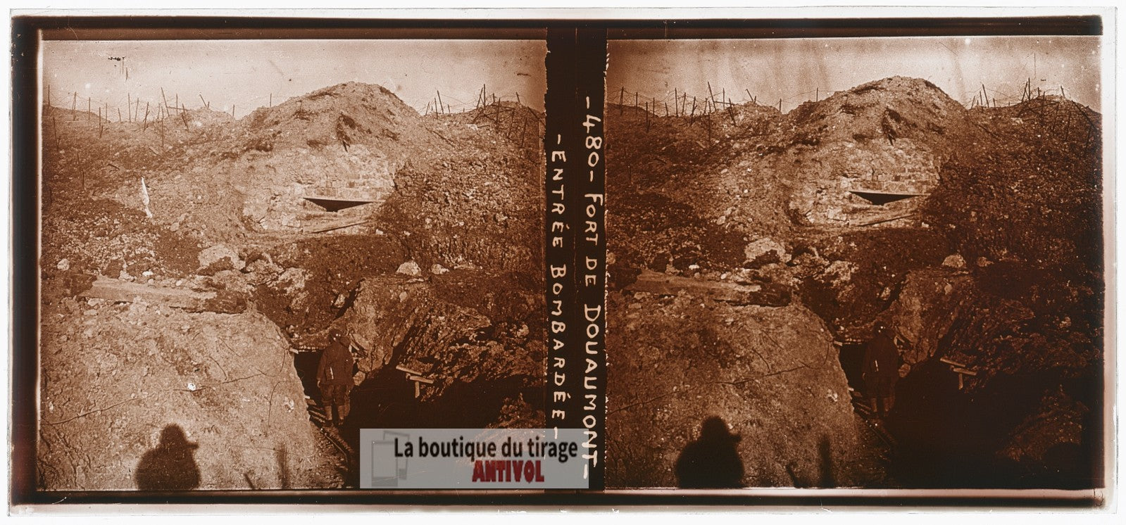 Fort de Douaumont, guerre WW1, plaque verre photo ancienne stéréo 6x13 cm