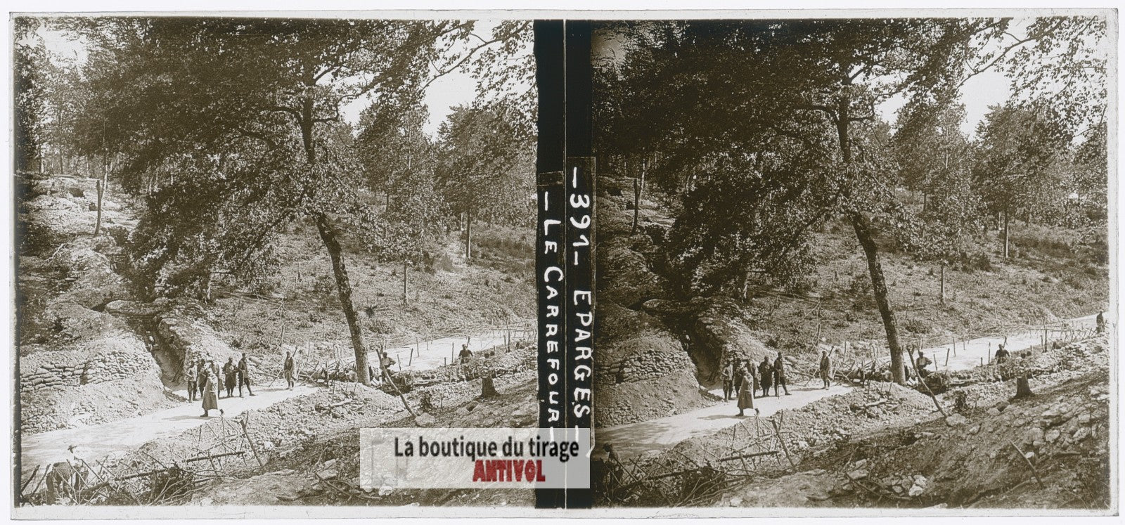 Les Éparges, Carrefour, guerre WW1, plaque verre photo ancienne stéréo 6x13 cm