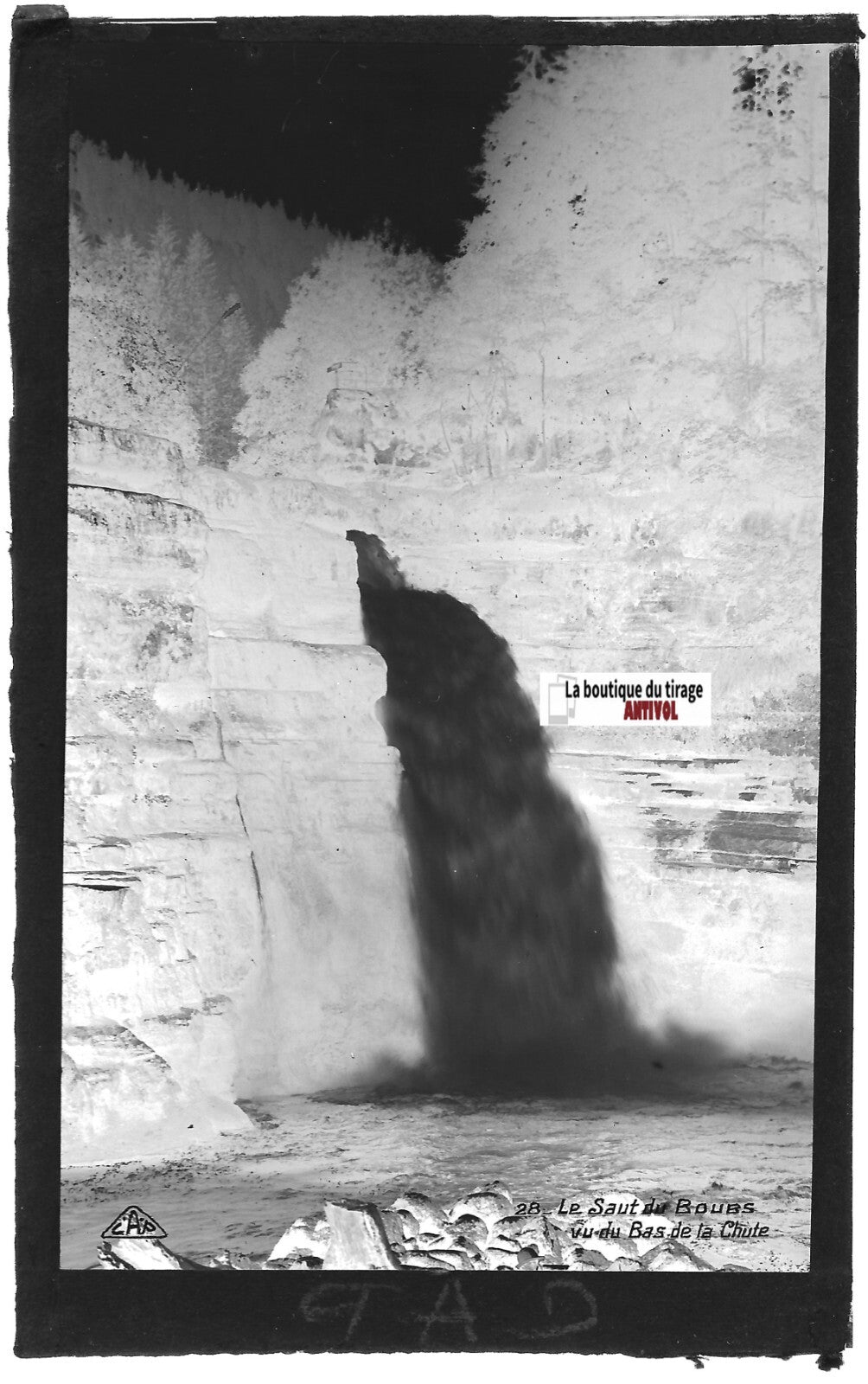 Plaque verre photo négatif noir & blanc 9x14 cm, Saut du Doubs, Villers-le-Lac