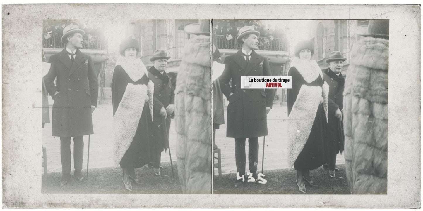 Scène de vie, Longchamp, Paris, plaque verre stéréoscopique, positif 8,5x17 cm