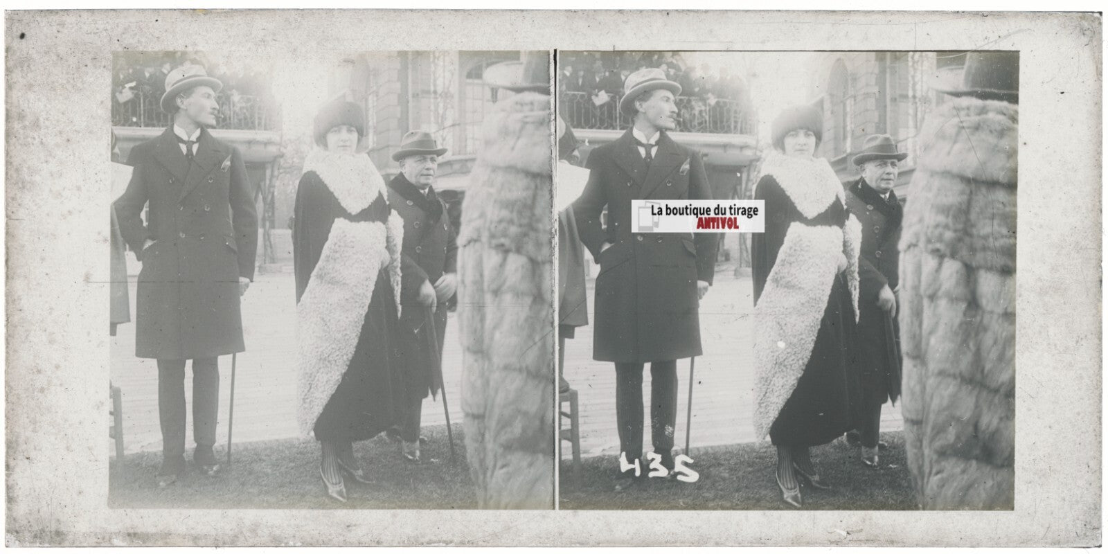 Scène de vie, Longchamp, Paris, plaque verre stéréoscopique, positif 8,5x17 cm