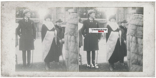 Scène de vie, Longchamp, Paris, plaque verre stéréoscopique, positif 8,5x17 cm