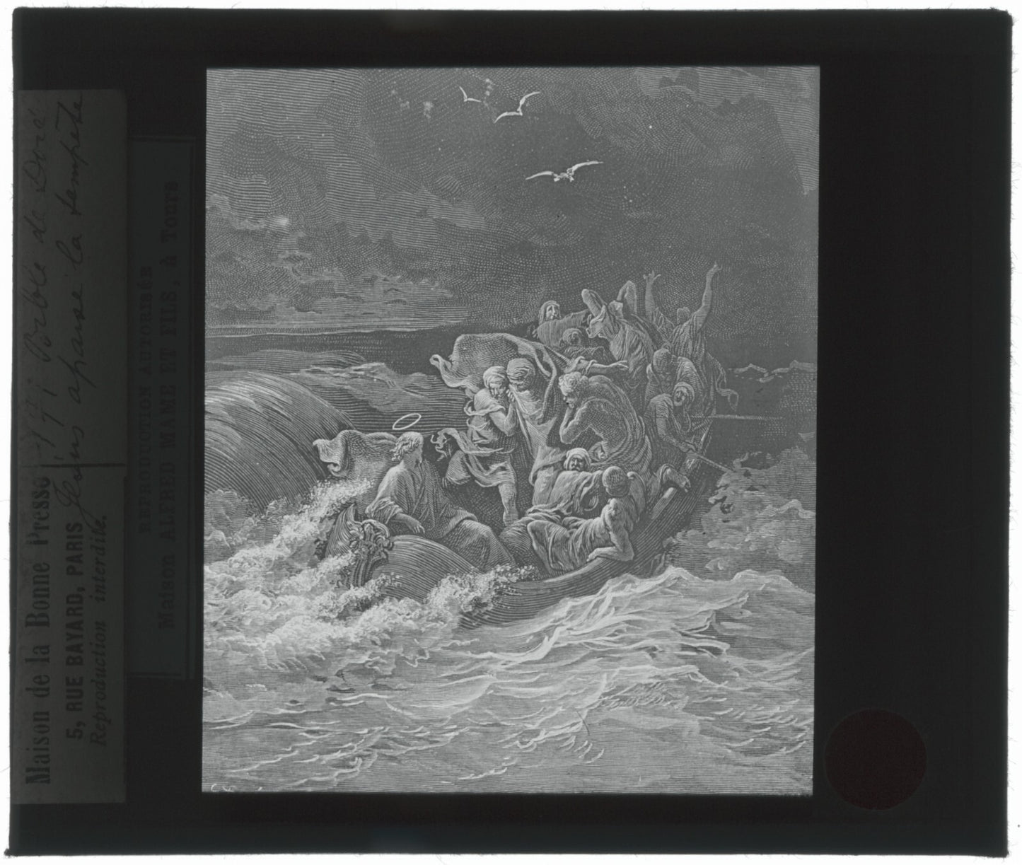 Jésus apaise la tempête, Bible Doré, dessin, plaque verre, positif 8,5x10 cm