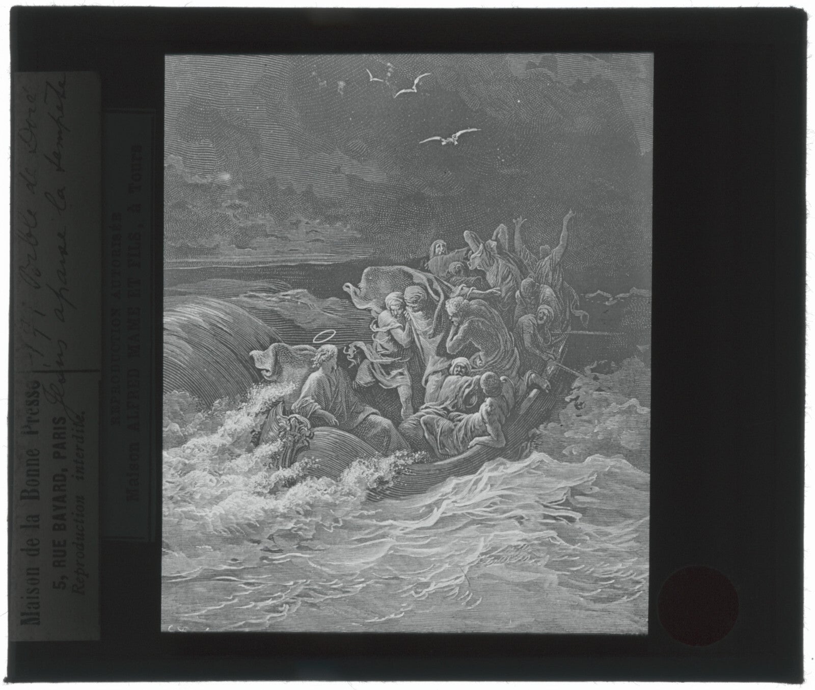Jésus apaise la tempête, Bible Doré, dessin, plaque verre, positif 8,5x10 cm