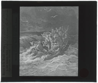 Jésus apaise la tempête, Bible Doré, dessin, plaque verre, positif 8,5x10 cm