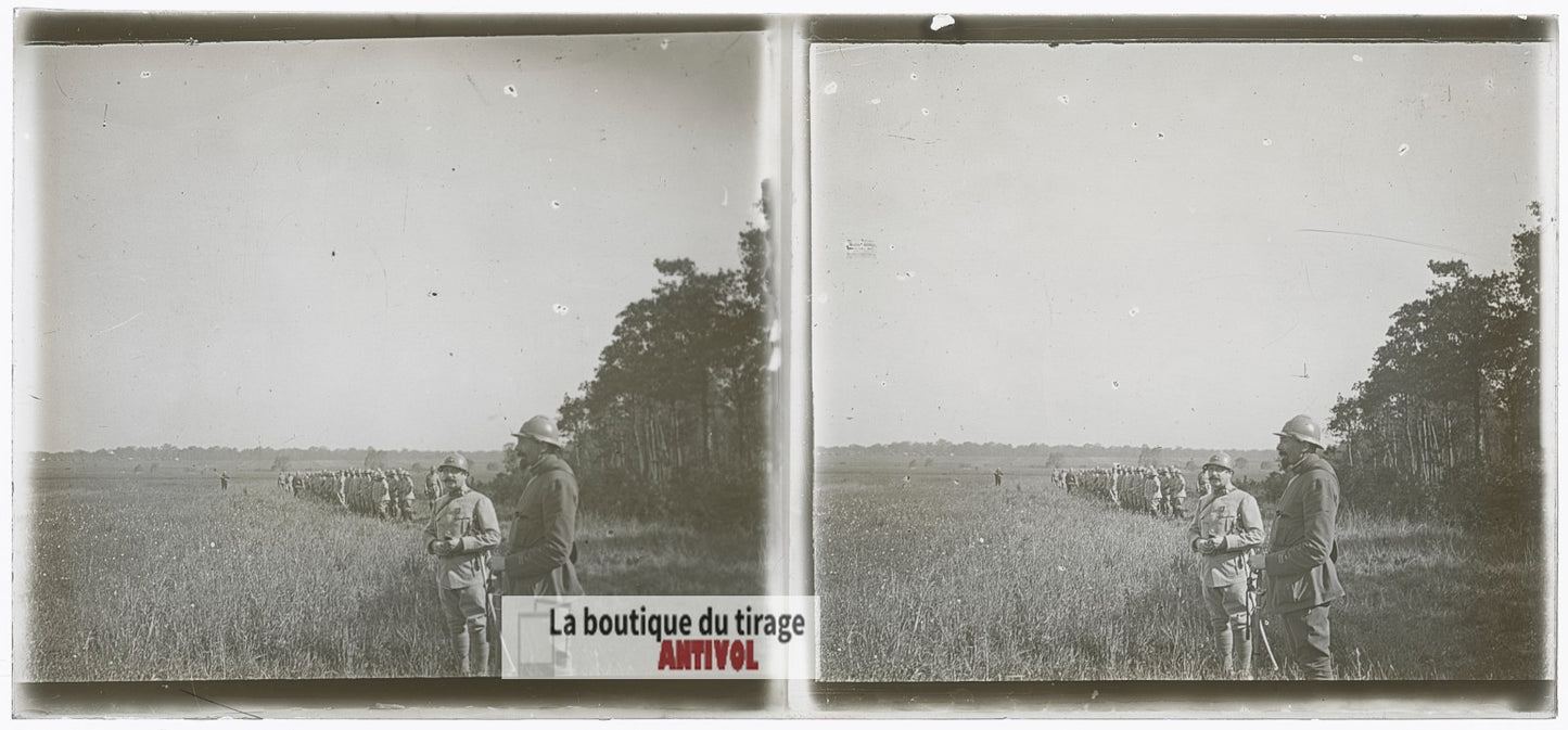 Officiers observant un exercice, WW1, plaque verre photo ancienne stéréo 6x13 cm