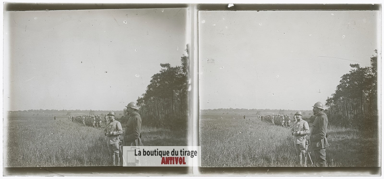 Officiers observant un exercice, WW1, plaque verre photo ancienne stéréo 6x13 cm