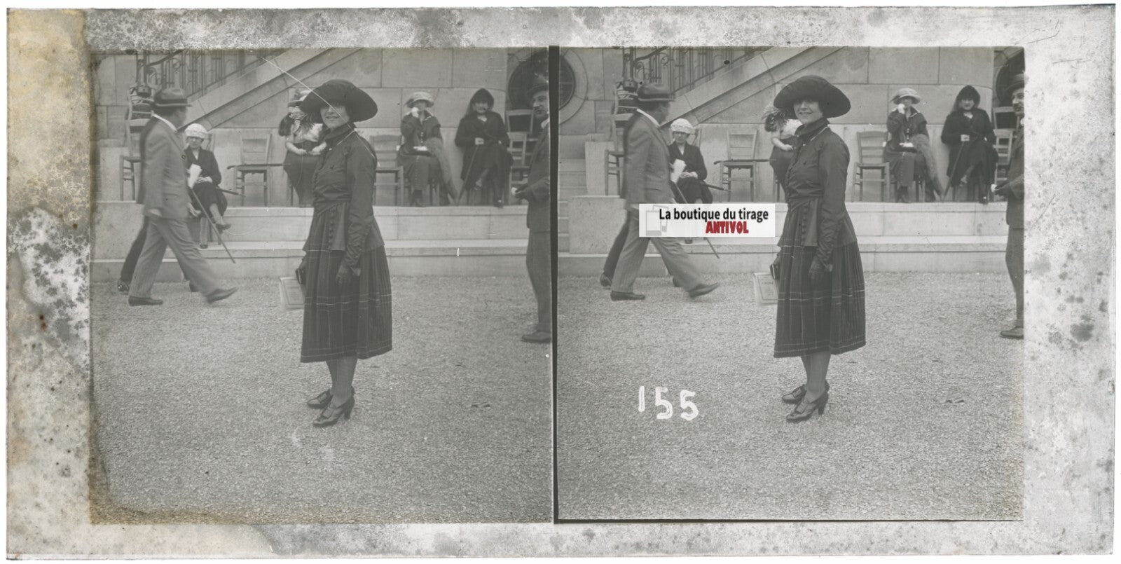 Personnages, Longchamp, Paris, plaque verre stéréoscopique, positif 8,5x17 cm