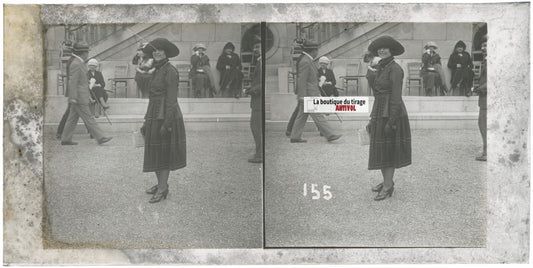 Personnages, Longchamp, Paris, plaque verre stéréoscopique, positif 8,5x17 cm