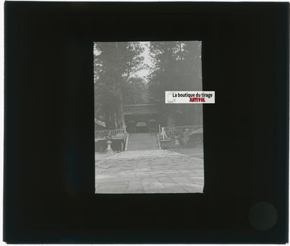 Temples de Nikkō, Japon, photo plaque verre, noir & blanc, positif 8,5x10 cm