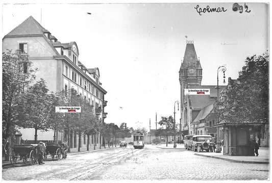 Colmar, voitures, tramway, Plaque verre photo, positif noir & blanc 10x15 cm