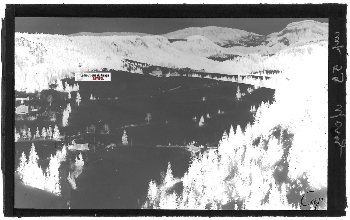 Plaque verre photo ancienne, négatif noir & blanc 9x14 cm, Morez, montagne hiver