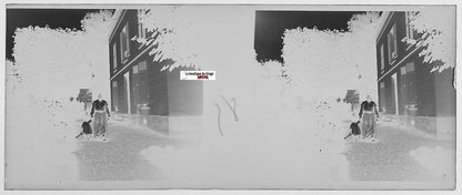 Famille, maison, Plaque verre photo stéréo, négatif noir & blanc 4,5x10,7 cm