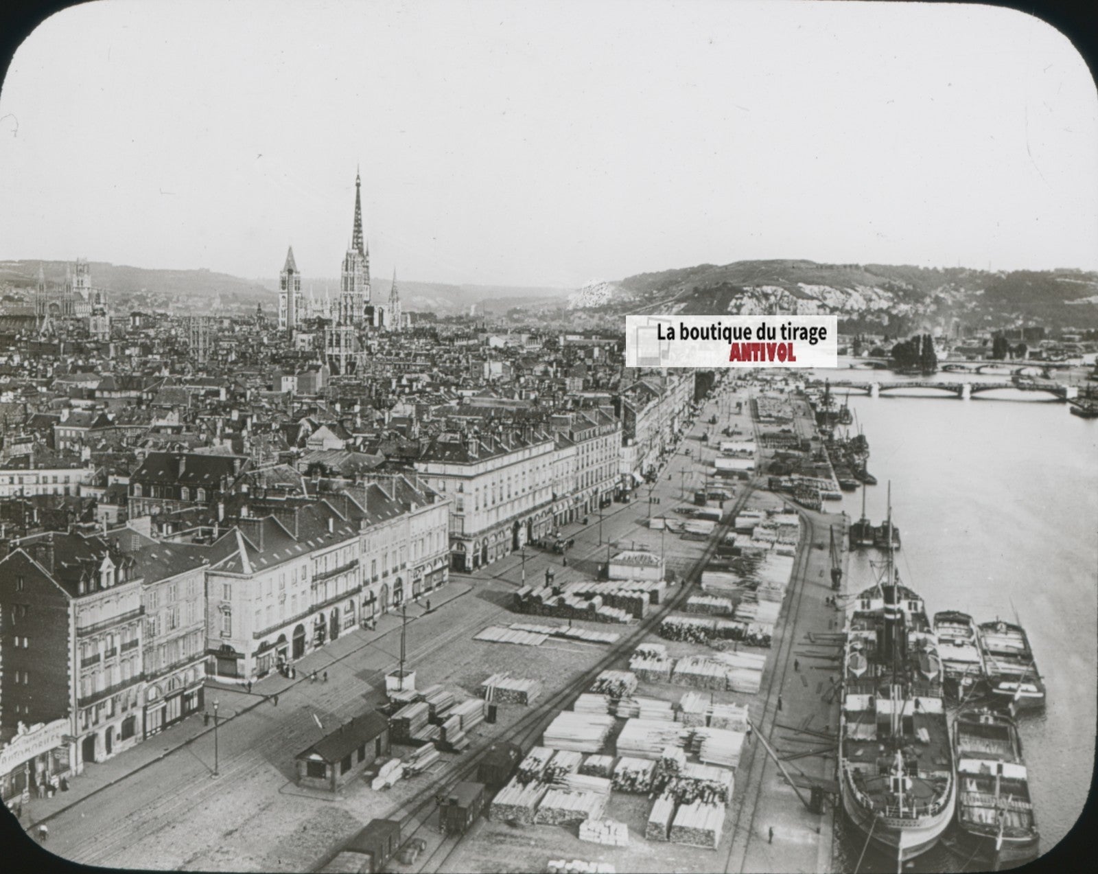 Port de Rouen, bateaux, photo plaque verre, noir & blanc, positif 8,5x10 cm