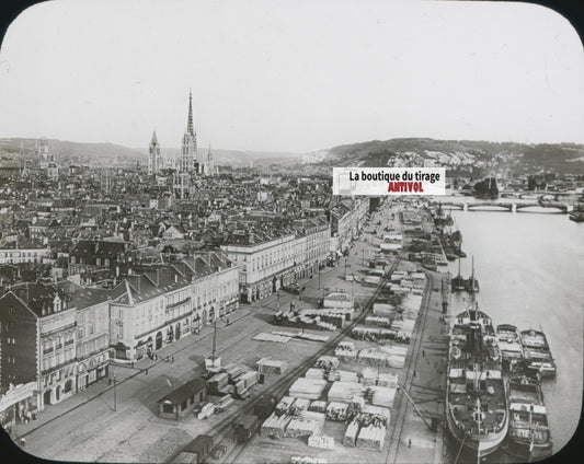 Port de Rouen, bateaux, photo plaque verre, noir & blanc, positif 8,5x10 cm
