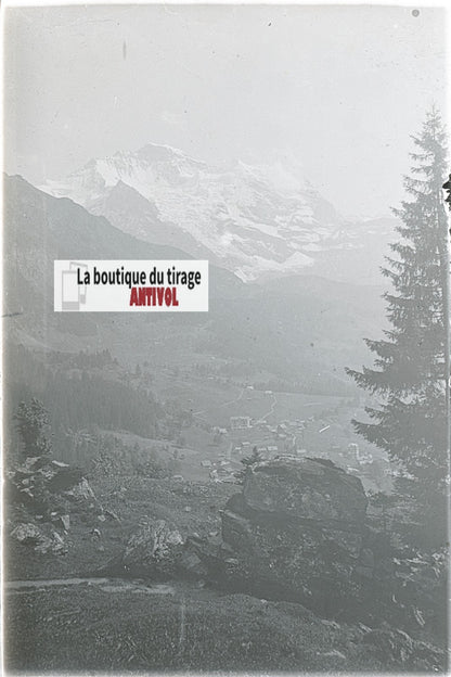 Montagnes, Alpes Suisse, stéréo photo plaque verre, noir & blanc, 9x12 cm