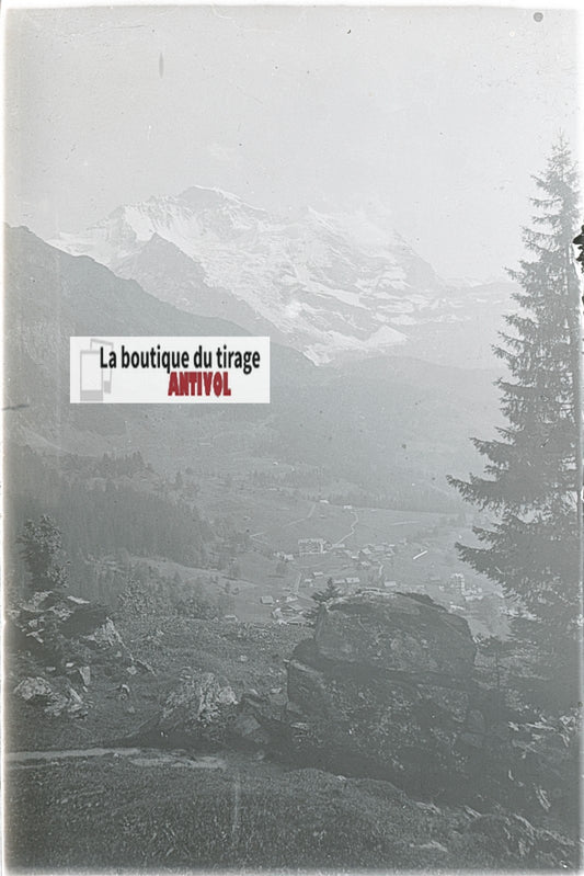 Montagnes, Alpes Suisse, stéréo photo plaque verre, noir & blanc, 9x12 cm